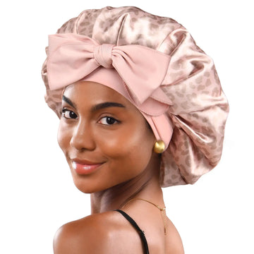 Butter Satin Bonnet with Tie Band - Pink Leopard