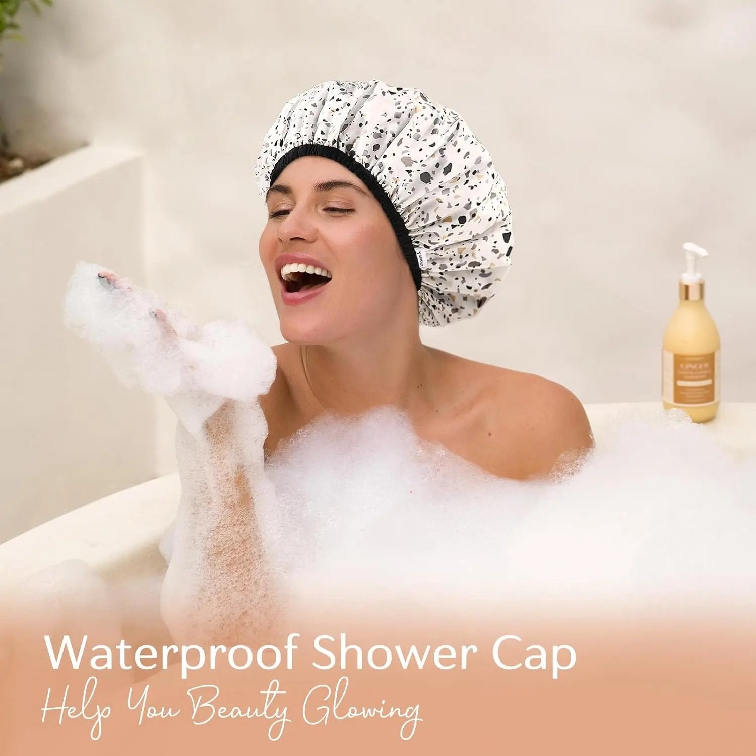 Double Layer Waterproof Shower Cap - Colorful Dots YANIBEST