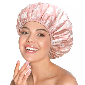 Double Layer Waterproof Shower Cap - Pink Leaves