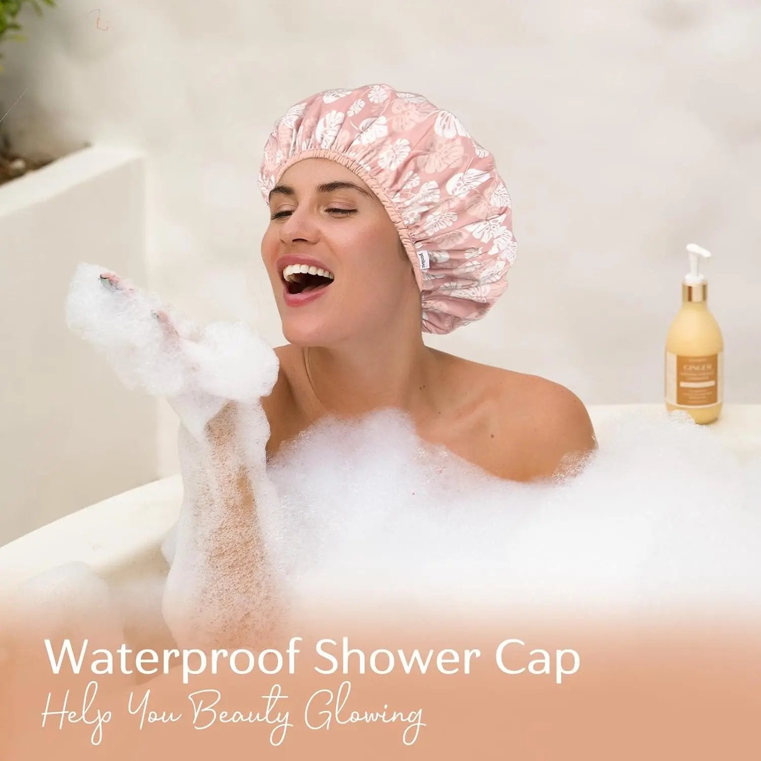 Double Layer Waterproof Shower Cap - Pink Leaves YANIBEST