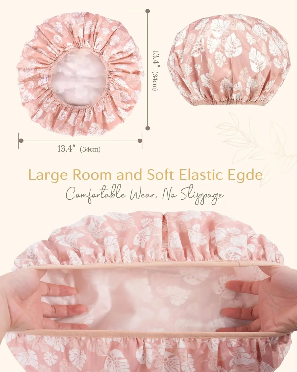 Double Layer Waterproof Shower Cap - Pink Leaves YANIBEST