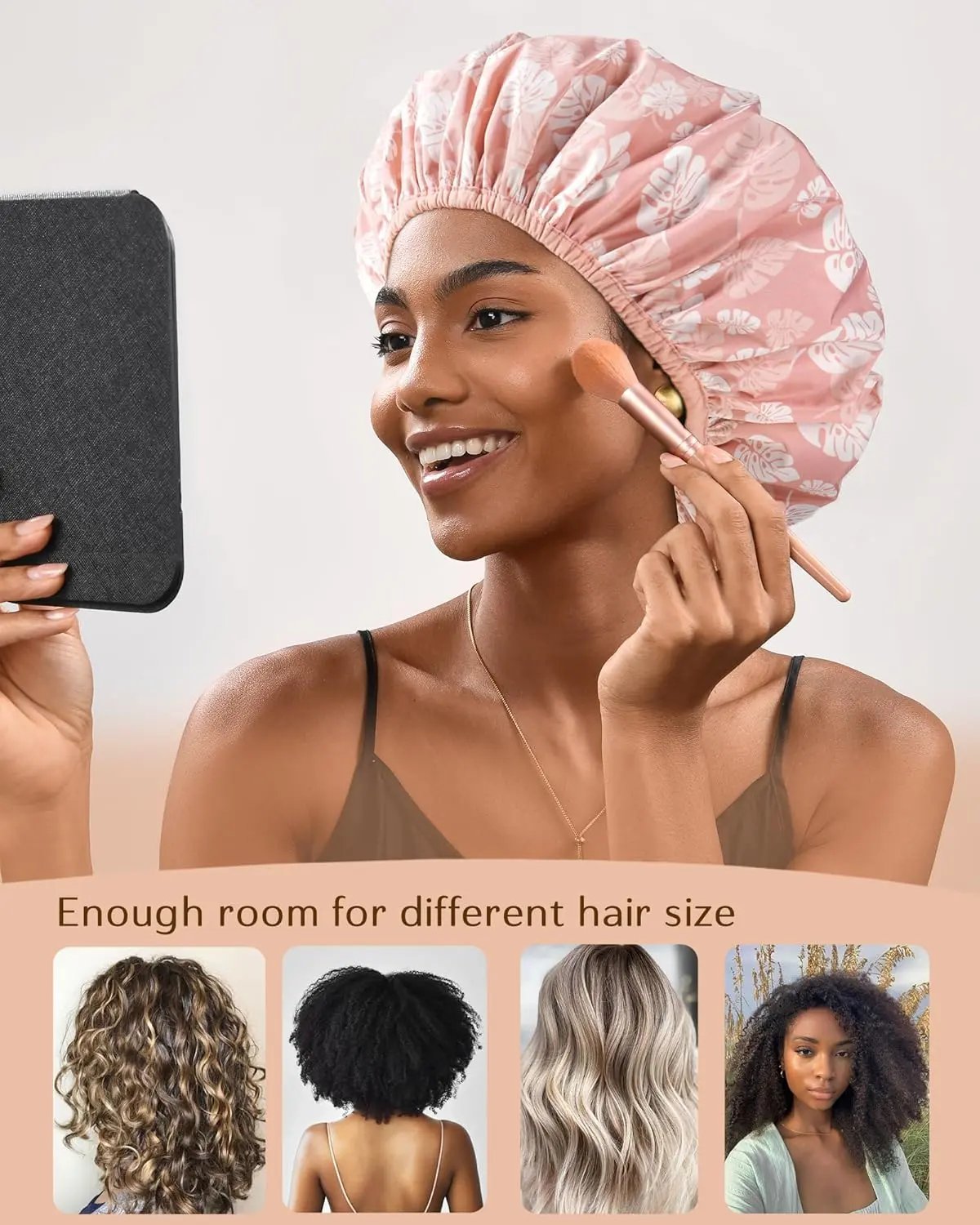 Double Layer Waterproof Shower Cap - Pink Leaves YANIBEST