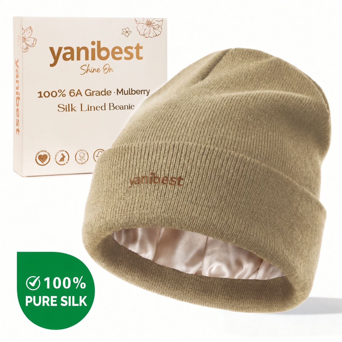 Mulberry Silk Lined Beanie - Khaki Gray