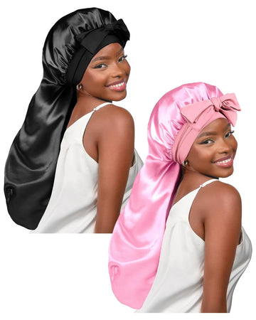 Butter Satin Bonnet For Braids with Tie Band - 2 in 1