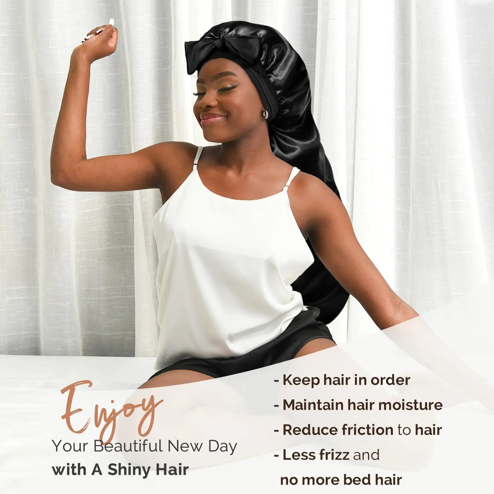 Long Tail Satin Bonnet wiht Tie Band| Black - YANIBEST