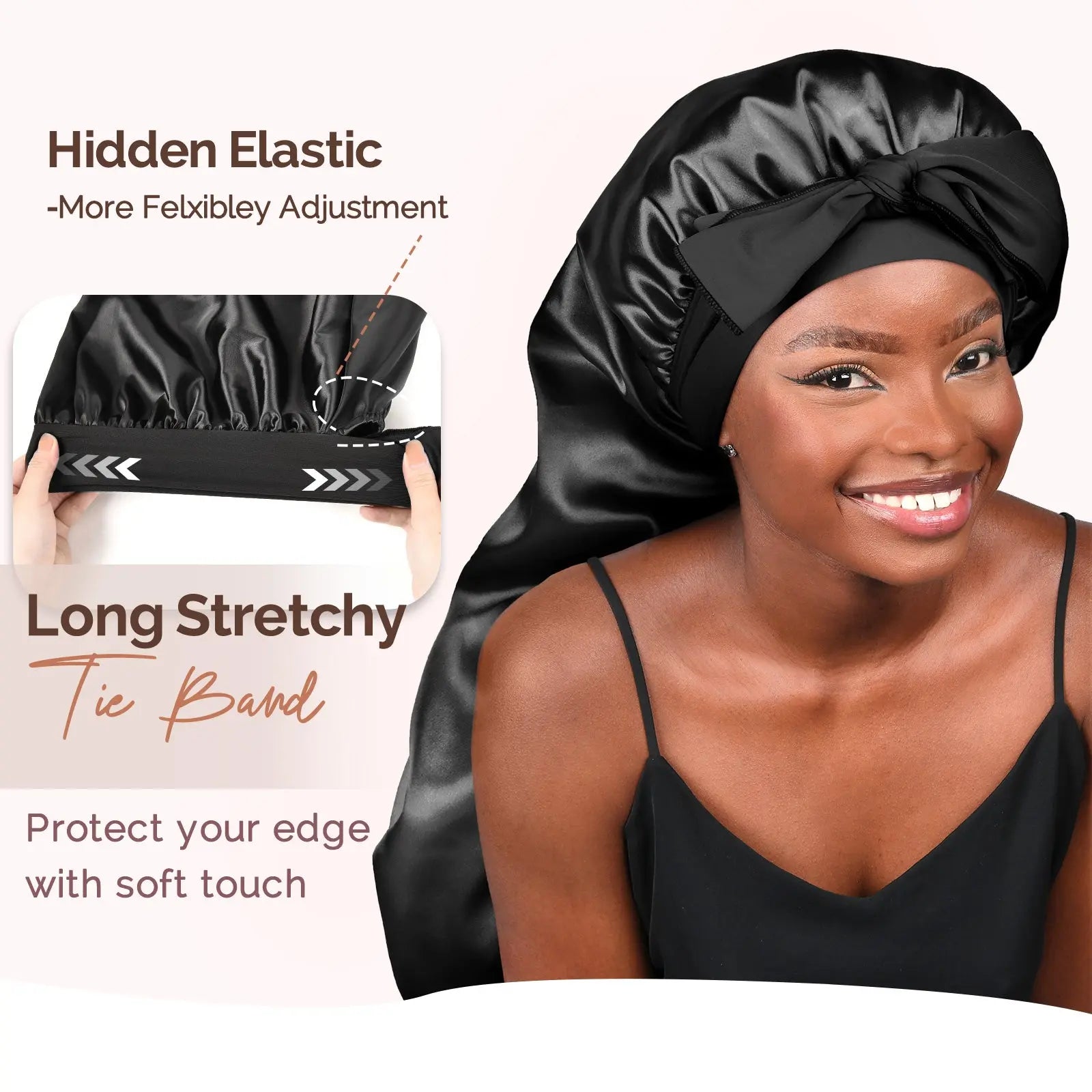 Long Tail Satin Bonnet wiht Tie Band| Black - YANIBEST