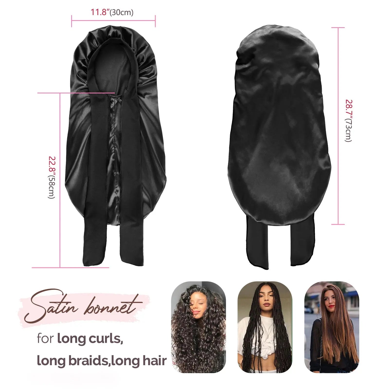 Long Tail Satin Bonnet wiht Tie Band| Black - YANIBEST