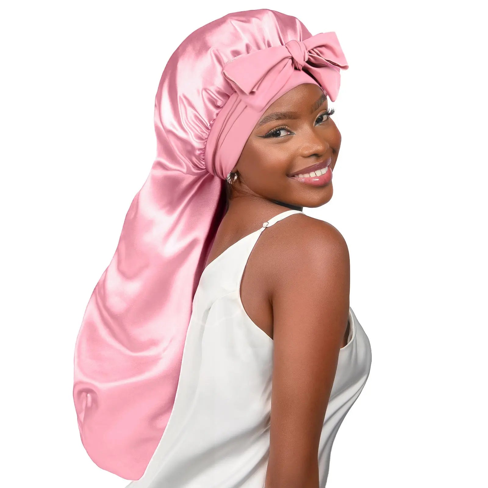 Long Tail Satin Bonnet wiht Tie Band|  Millennium Pink - YANIBEST