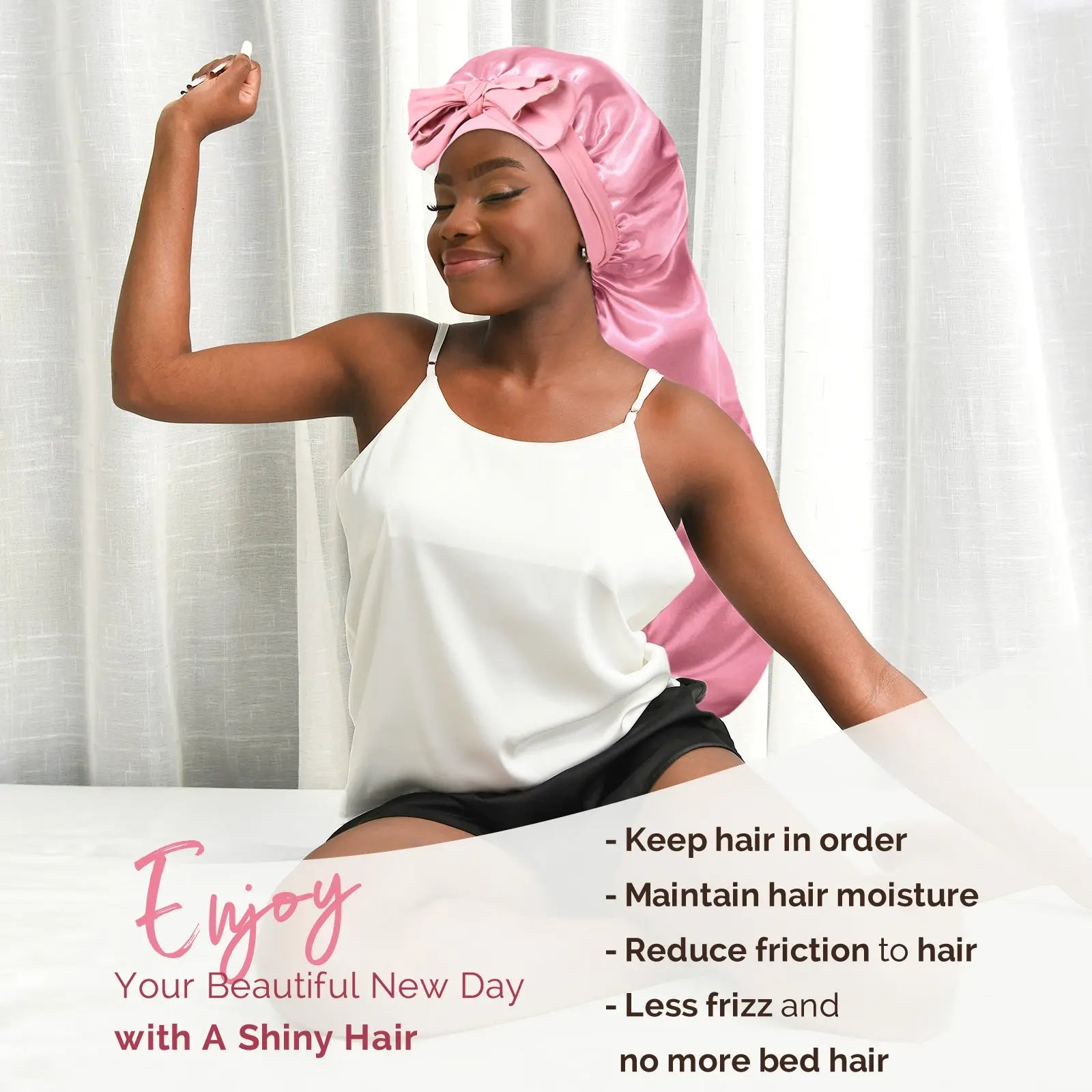 Long Tail Satin Bonnet wiht Tie Band|  Millennium Pink - YANIBEST