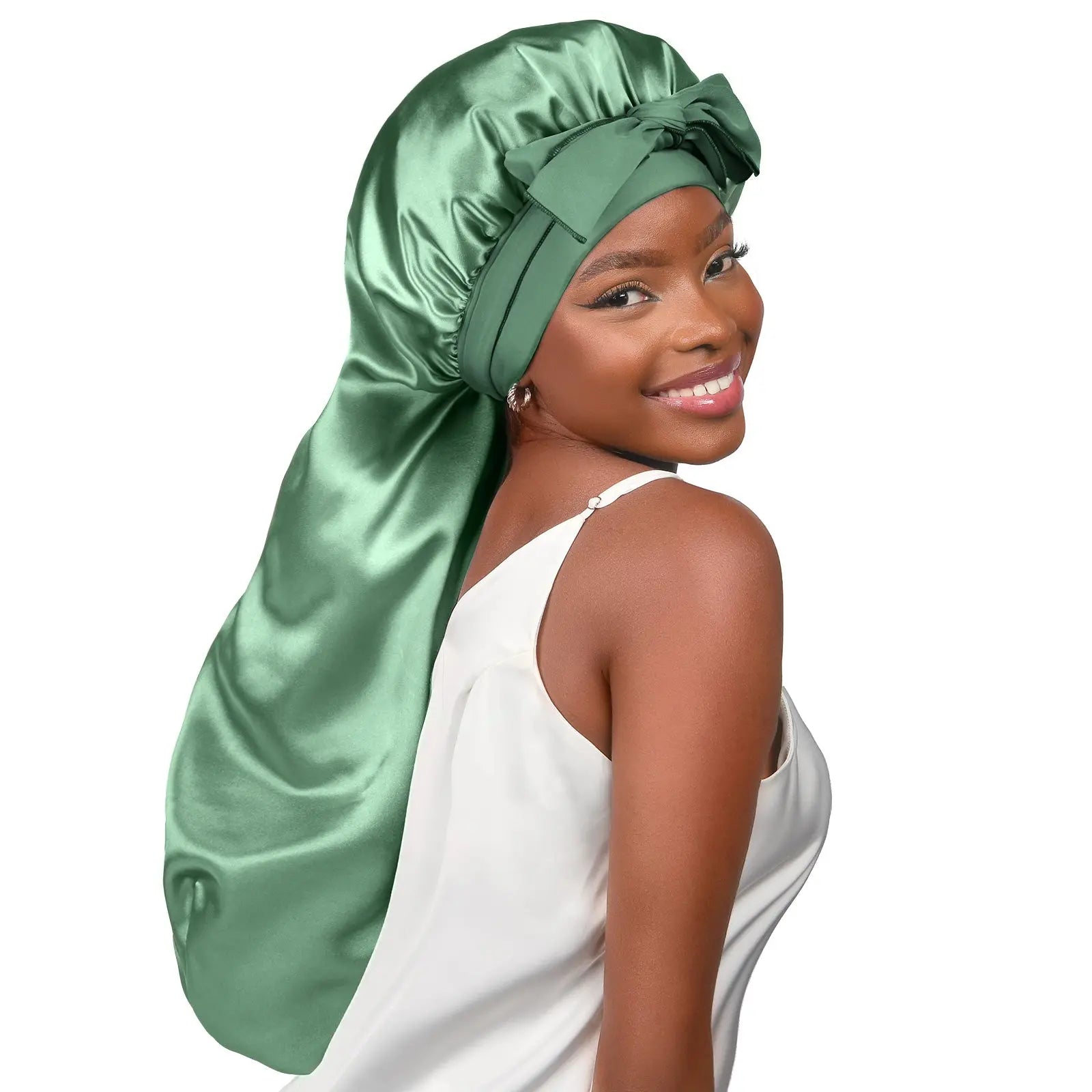 Long Tail Satin Bonnet wiht Tie Band| Sage Green - YANIBEST