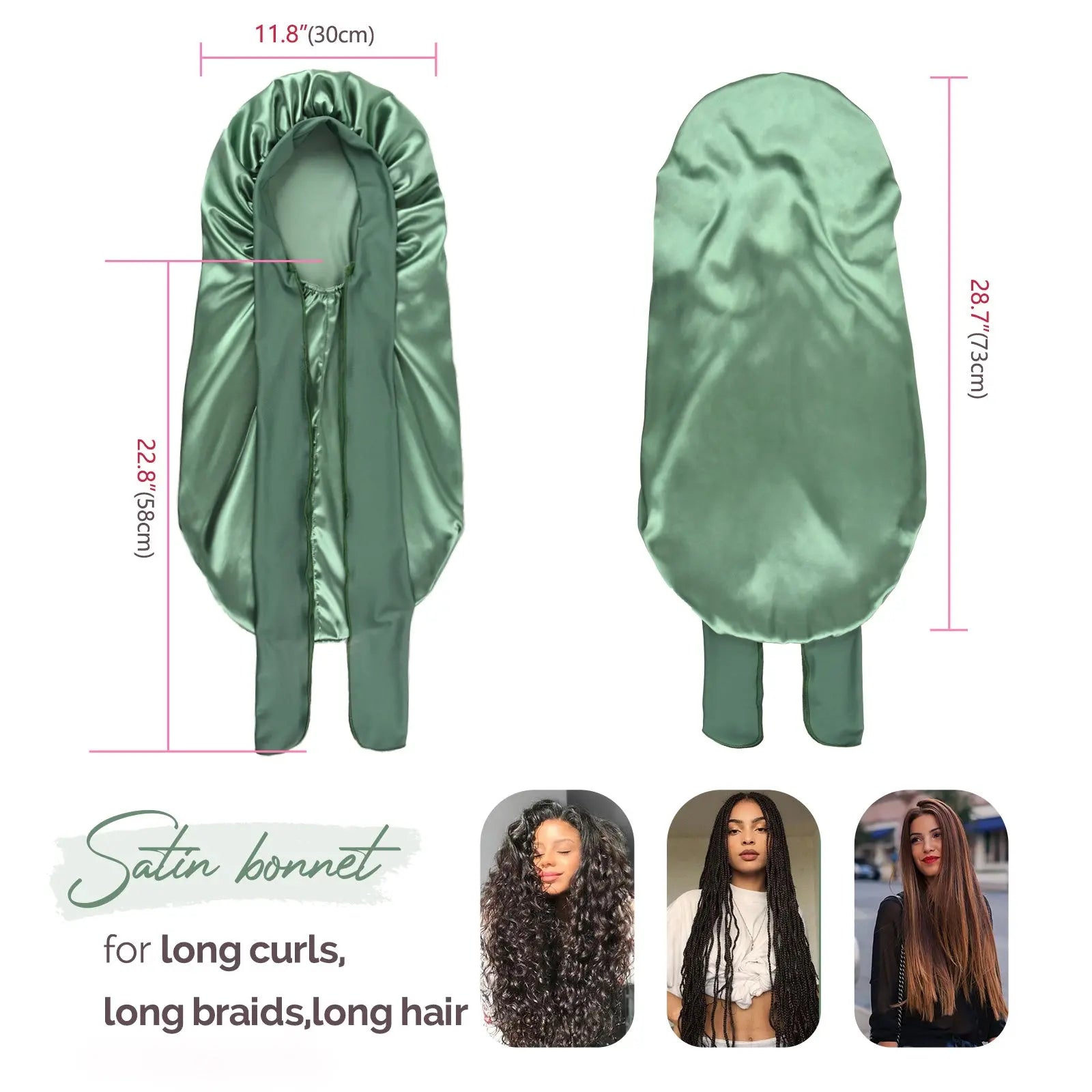 Long Tail Satin Bonnet wiht Tie Band| Sage Green - YANIBEST