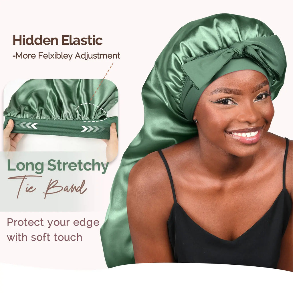 Long Tail Satin Bonnet wiht Tie Band| Sage Green - YANIBEST