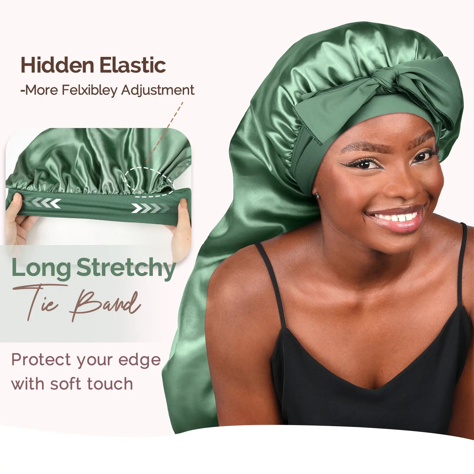 Long Tail Satin Bonnet wiht Tie Band| Sage Green - YANIBEST
