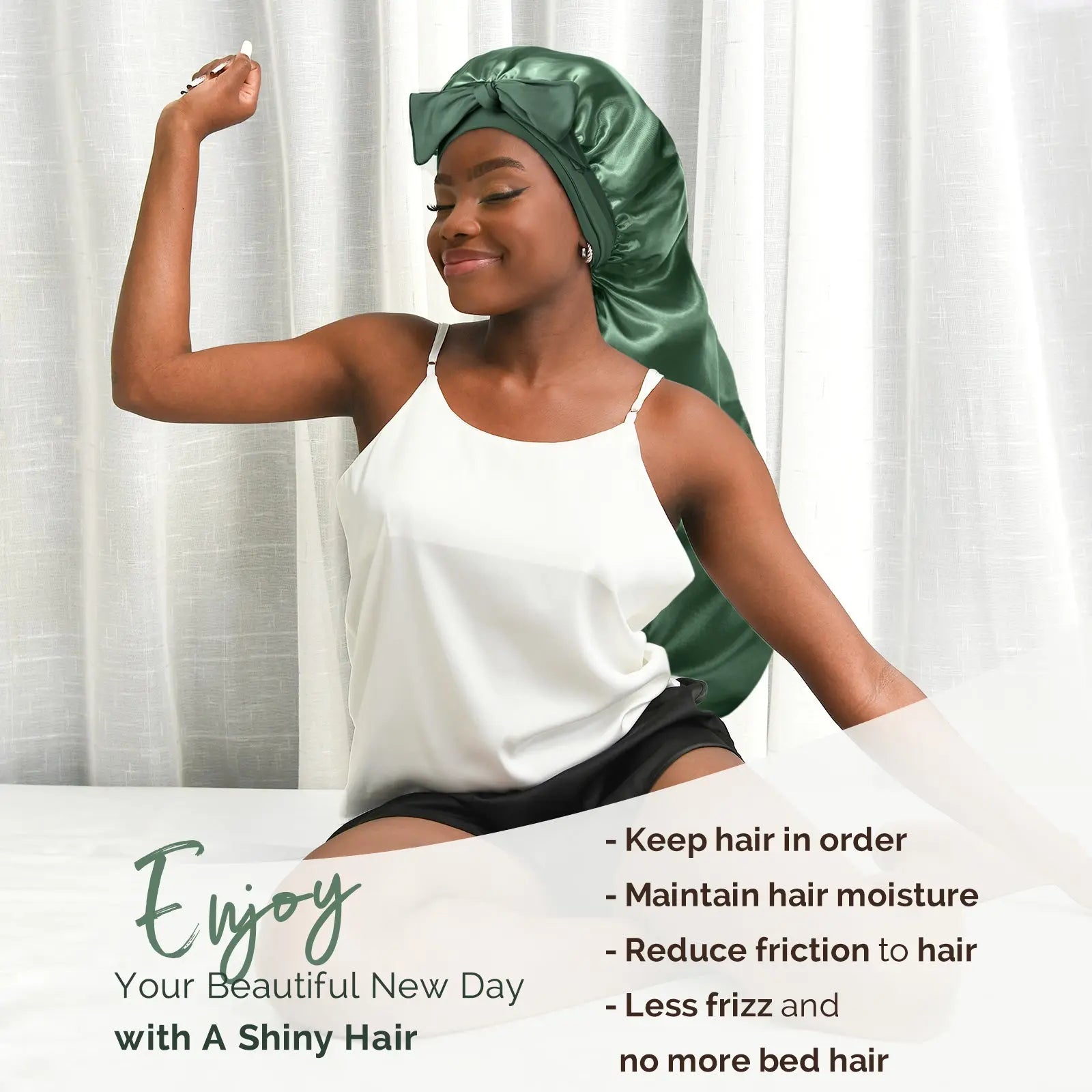 Long Tail Satin Bonnet wiht Tie Band| Sage Green - YANIBEST