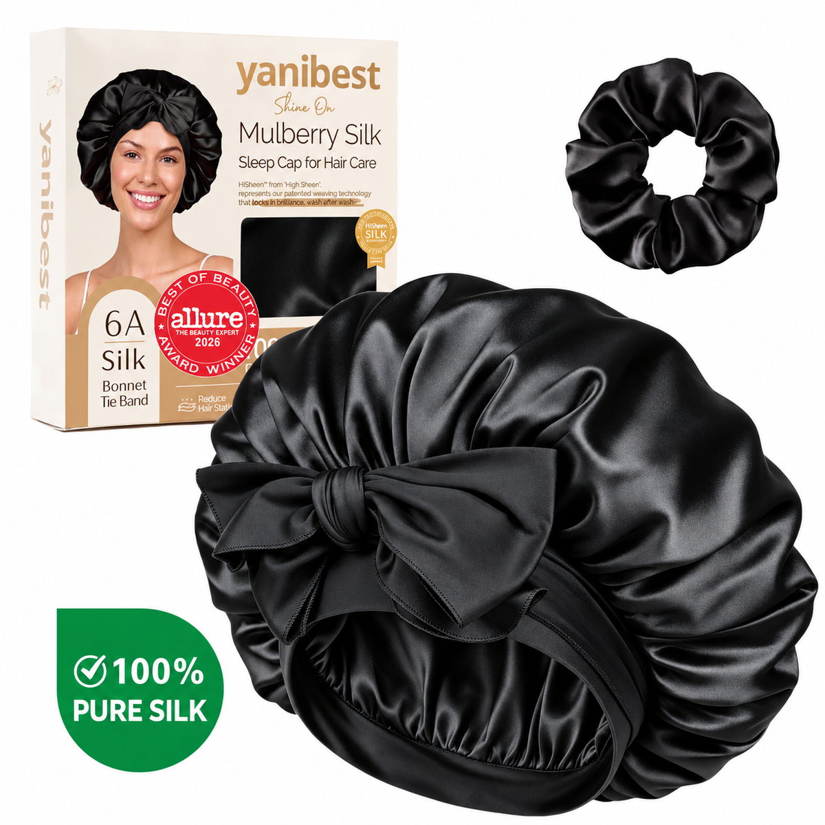 22 MOMME 6A Mulberry Silk Bonnet with Tie Band - Black