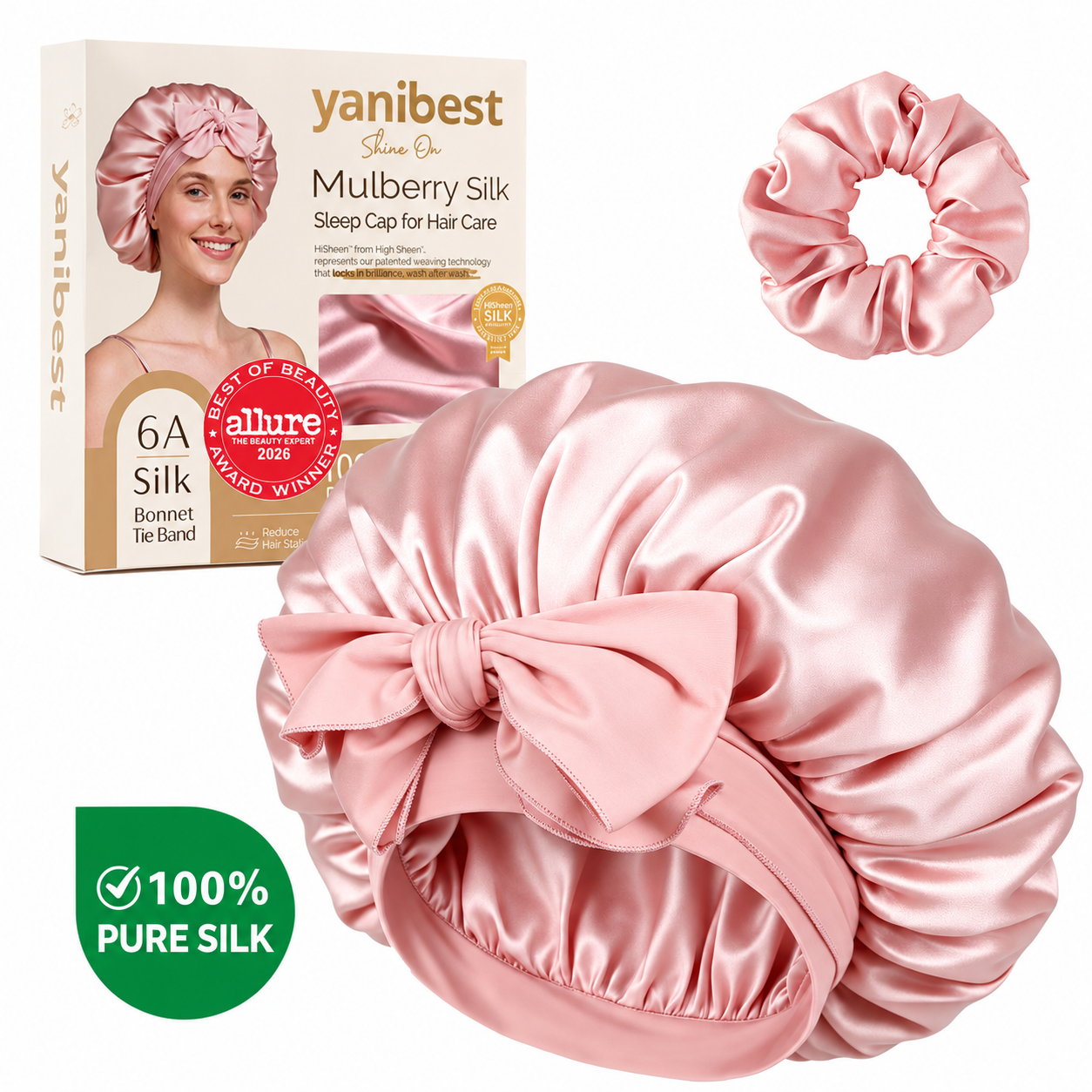 22 MOMME 6A Mulberry Silk Bonnet with Tie Band - Pink