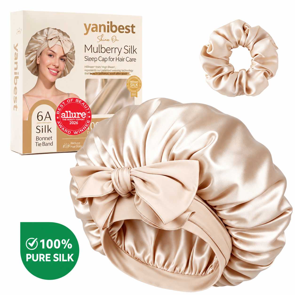 22 MOMME 6A Mulberry Silk Bonnet with Tie Band - Champagne
