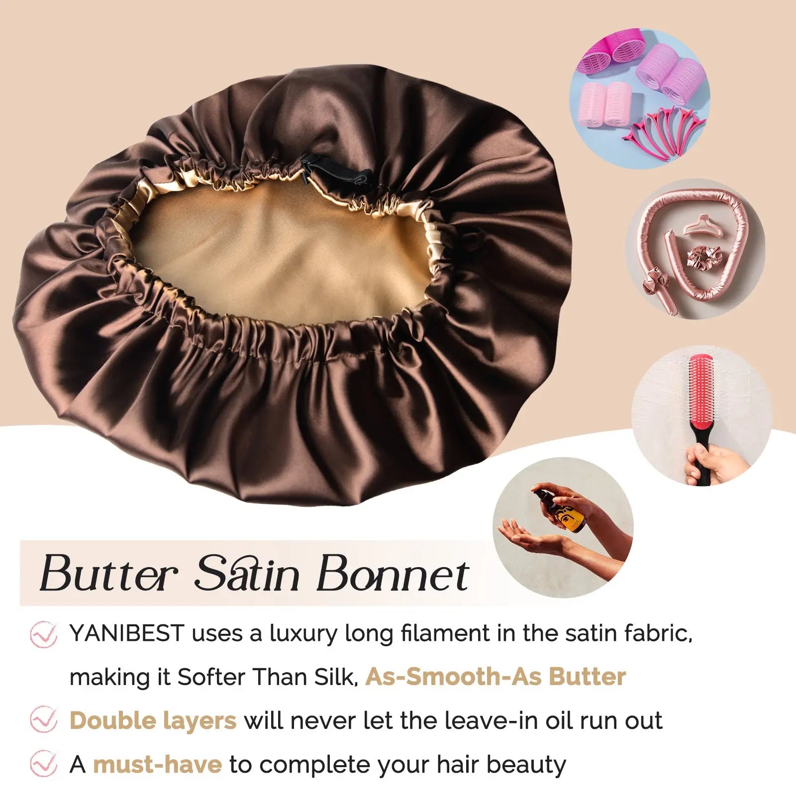 Reversible Satin Bonnet with Scrunchie| Brown&Golden YANIBEST