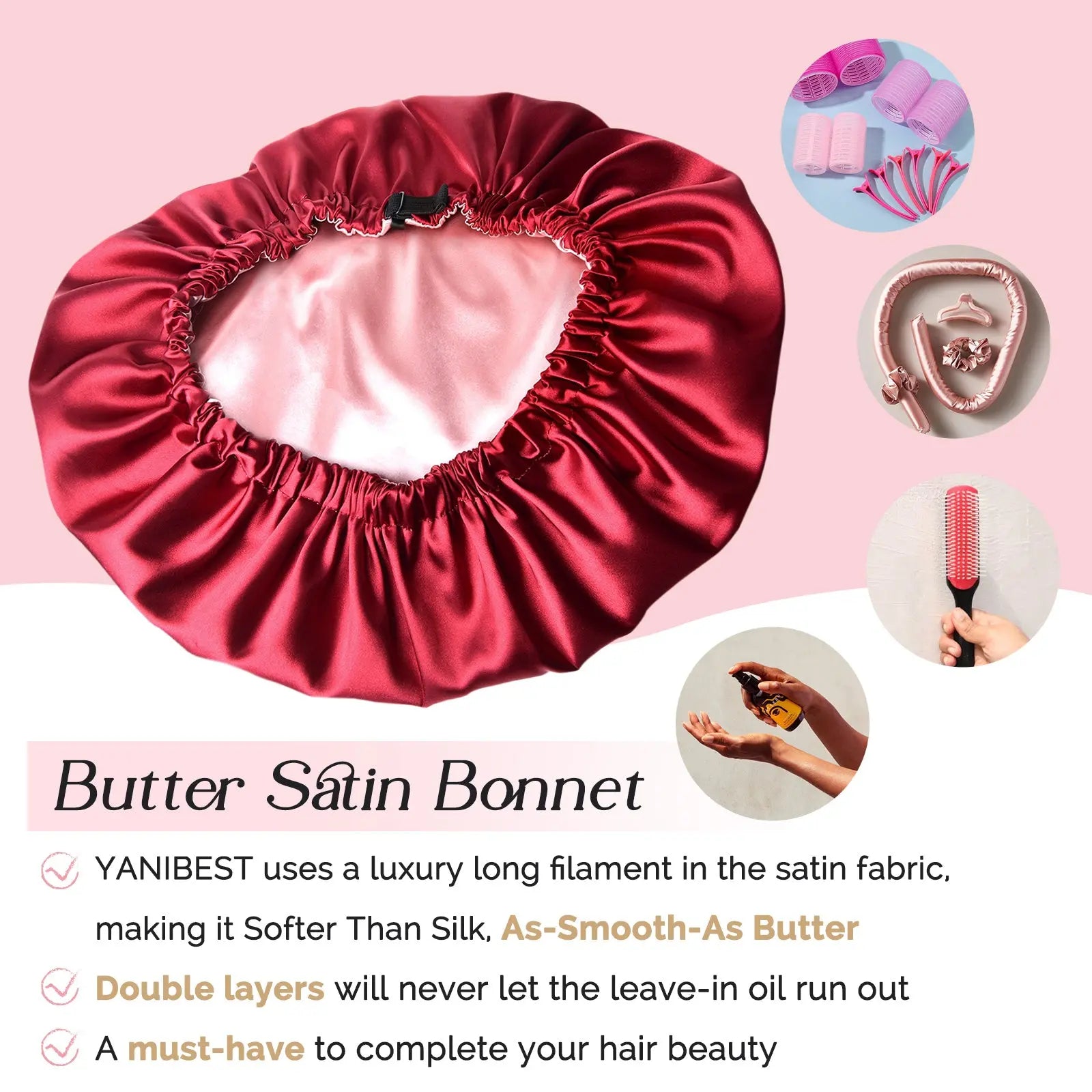 Reversible Satin Bonnet with Scrunchie| Burgundy Red YANIBEST