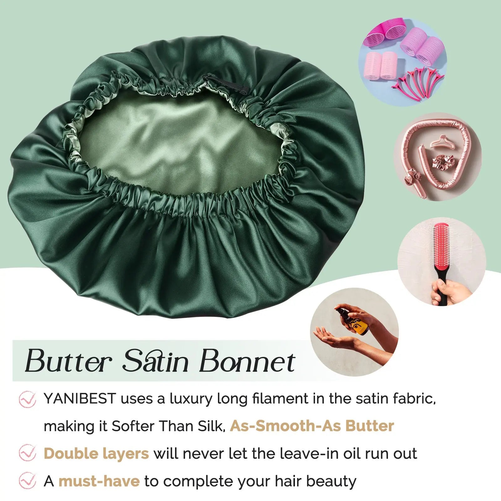 Reversible Satin Bonnet with Scrunchie| Hunter Green YANIBEST