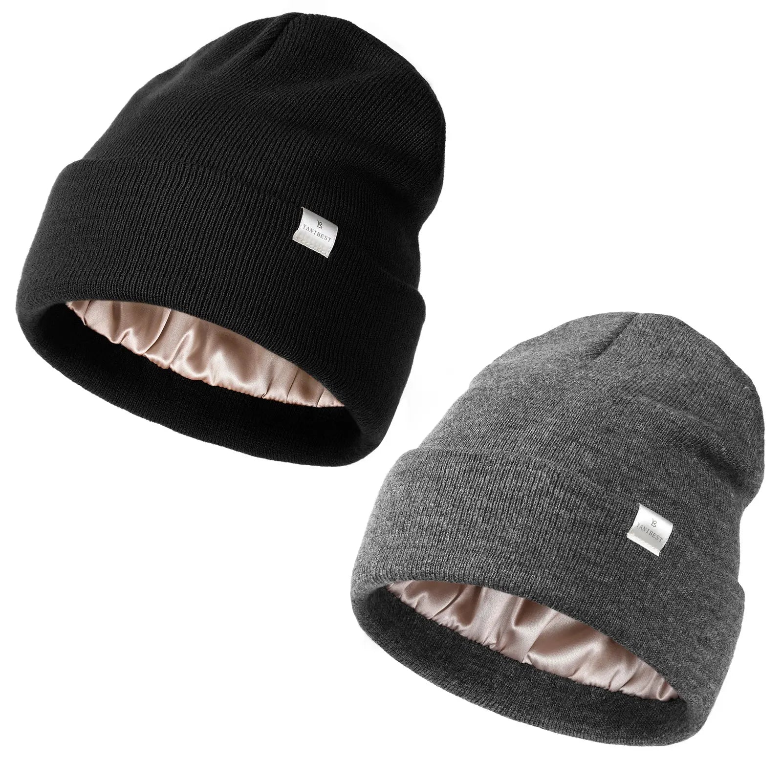 Satin Lined Winter Beanie Hat| Black，Gray - YANIBEST