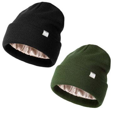 Butter Satin Lined Knit Skull Beanie - Black | Green