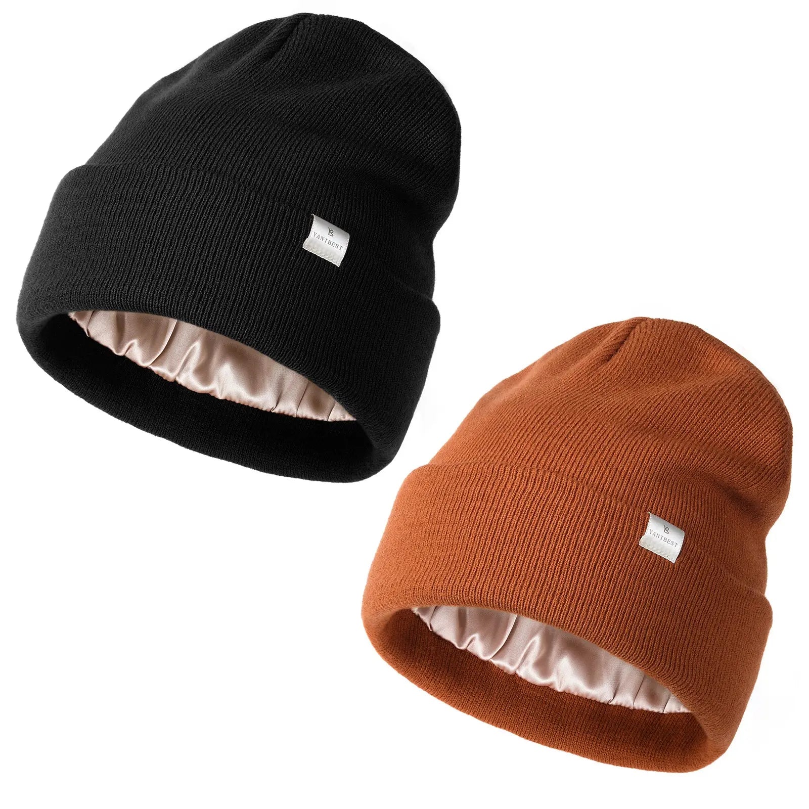 Satin Lined Winter Beanie Hat| Black，Orange Brown - YANIBEST