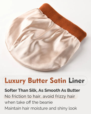 Butter Satin Lined Knit Skull Beanie - Black | Orange Brown