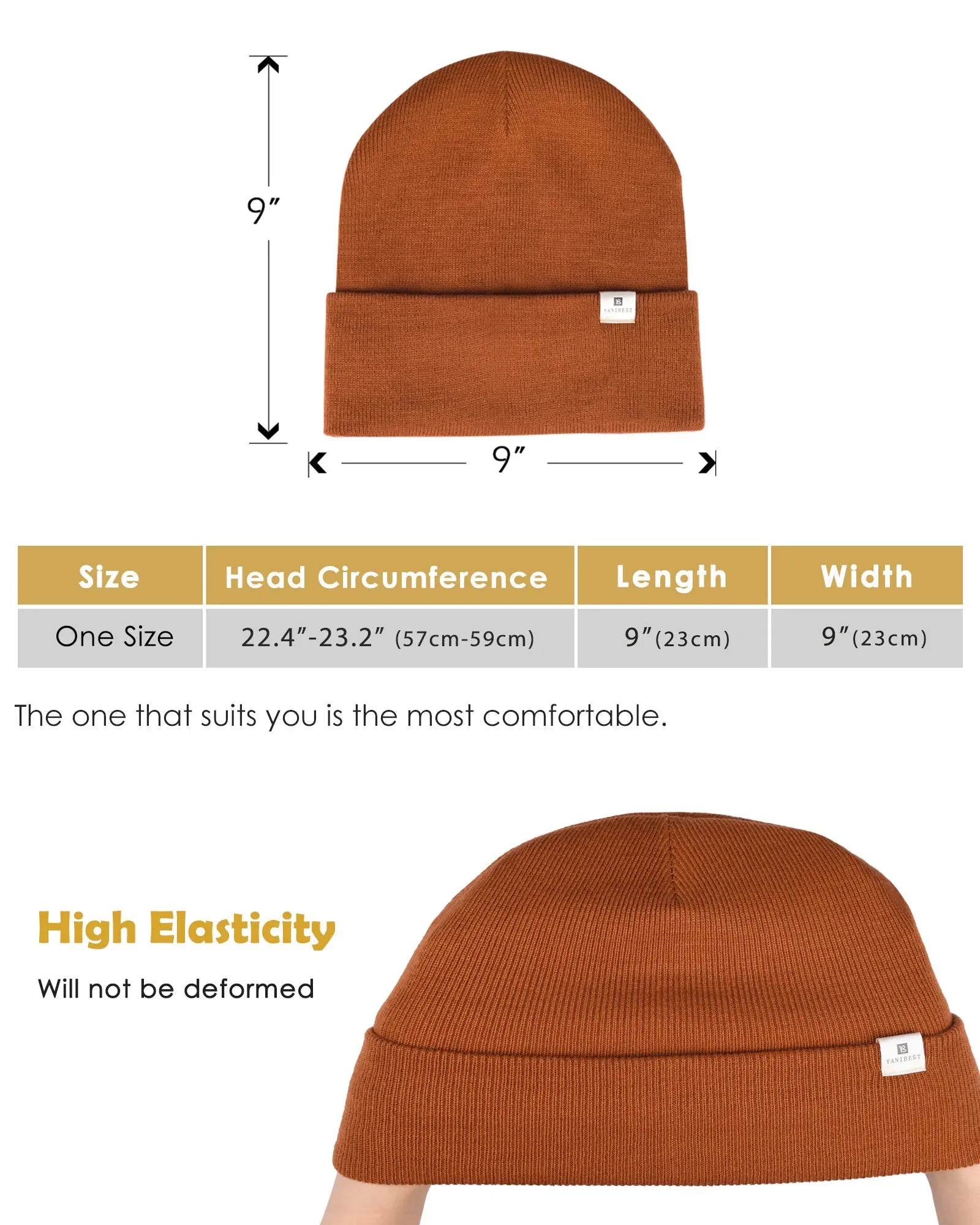 Satin Lined Winter Beanie Hat| Black，Orange Brown - YANIBEST