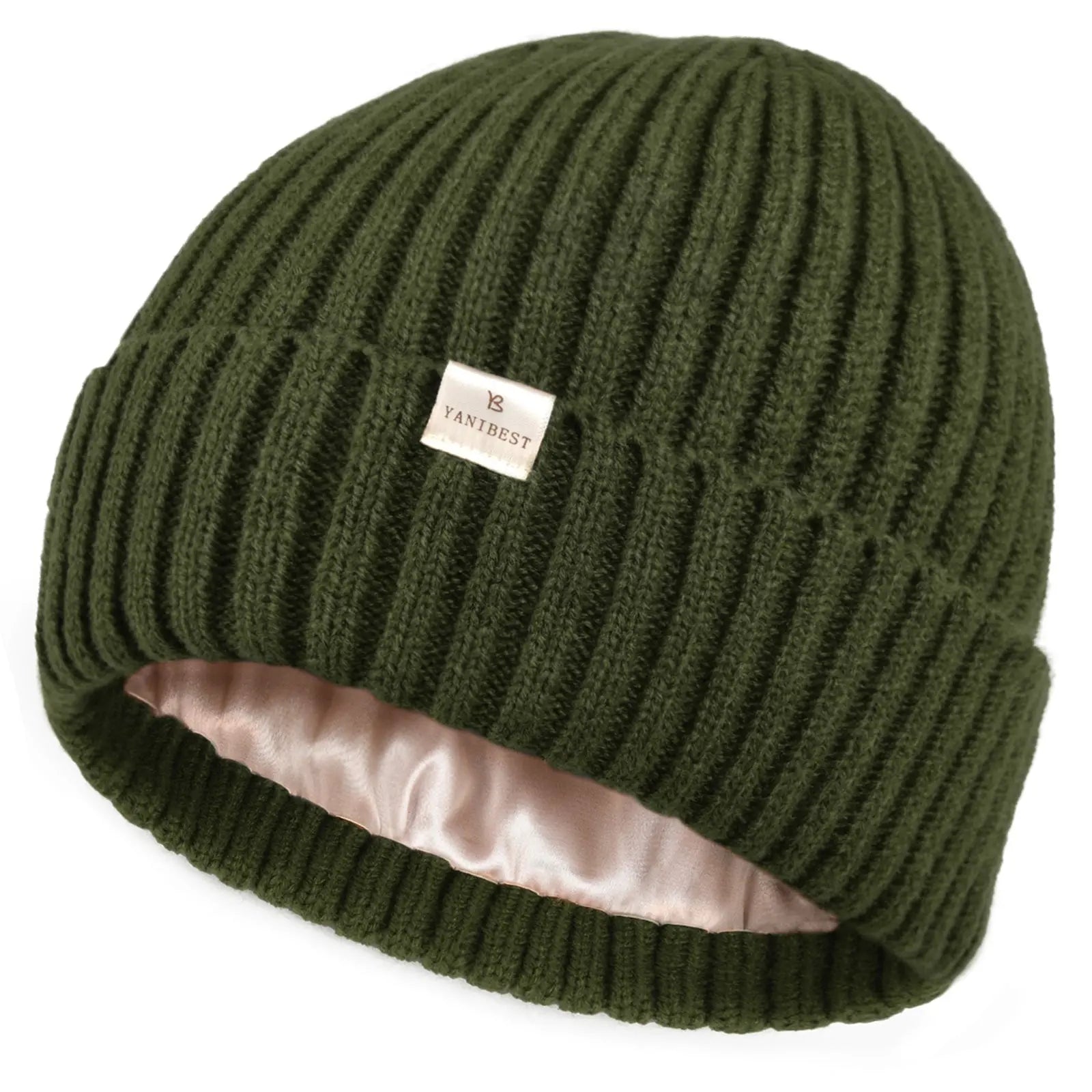 Satin Lined Winter Beanie Hat| Navy Green - YANIBEST