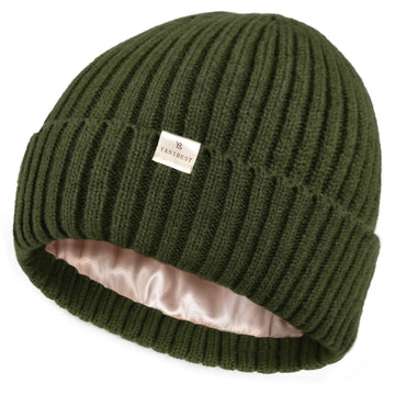 Butter Satin Lined Knit Skull Beanie - Navy Green