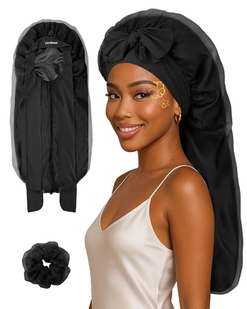 Silk Breeze Satin Bonnet For Braids with Tie Band - Black YANIBEST