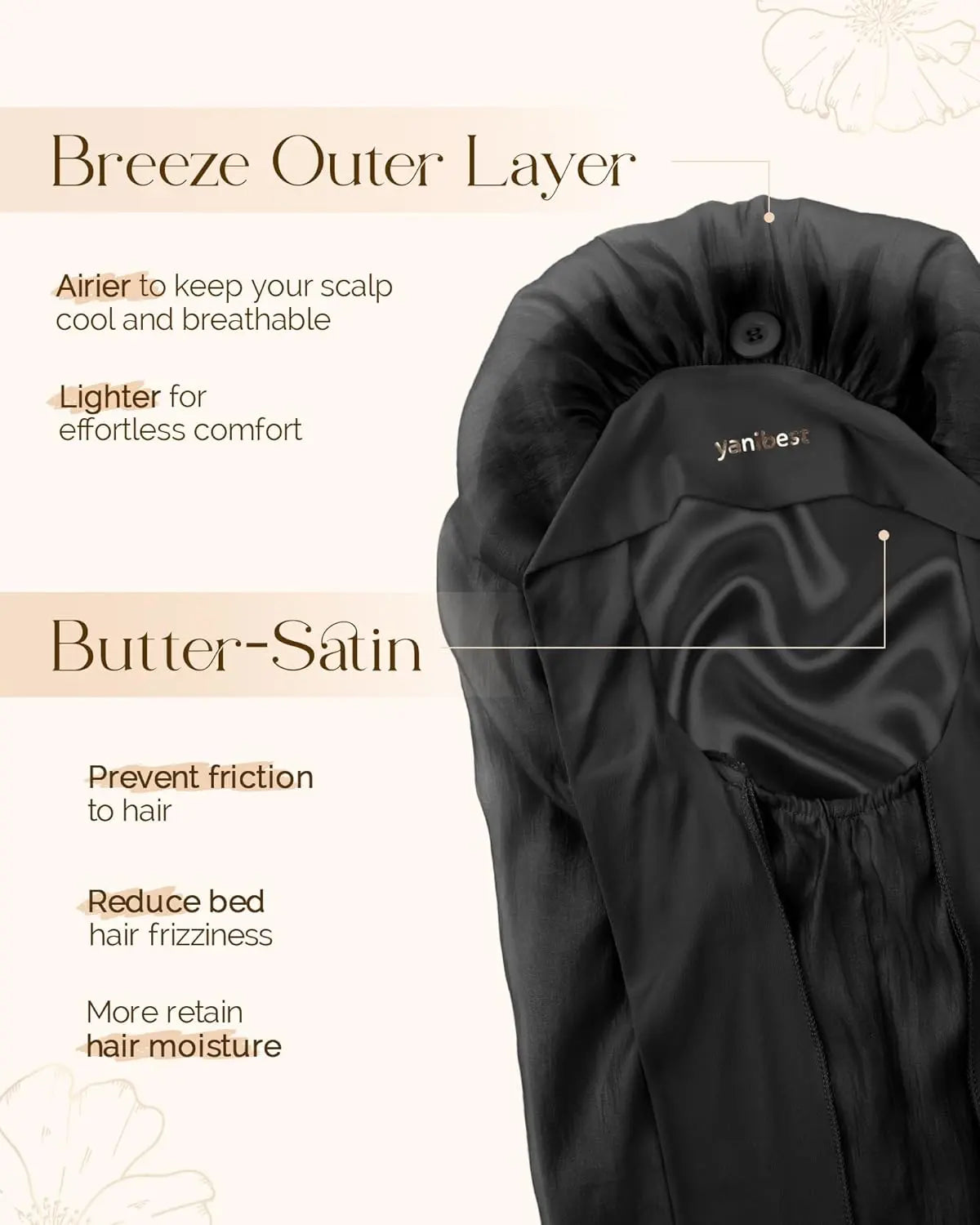Silk Breeze Satin Bonnet For Braids with Tie Band - Black YANIBEST