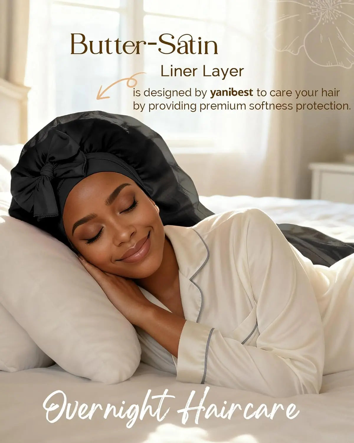 Silk Breeze Satin Bonnet For Braids with Tie Band - Black YANIBEST