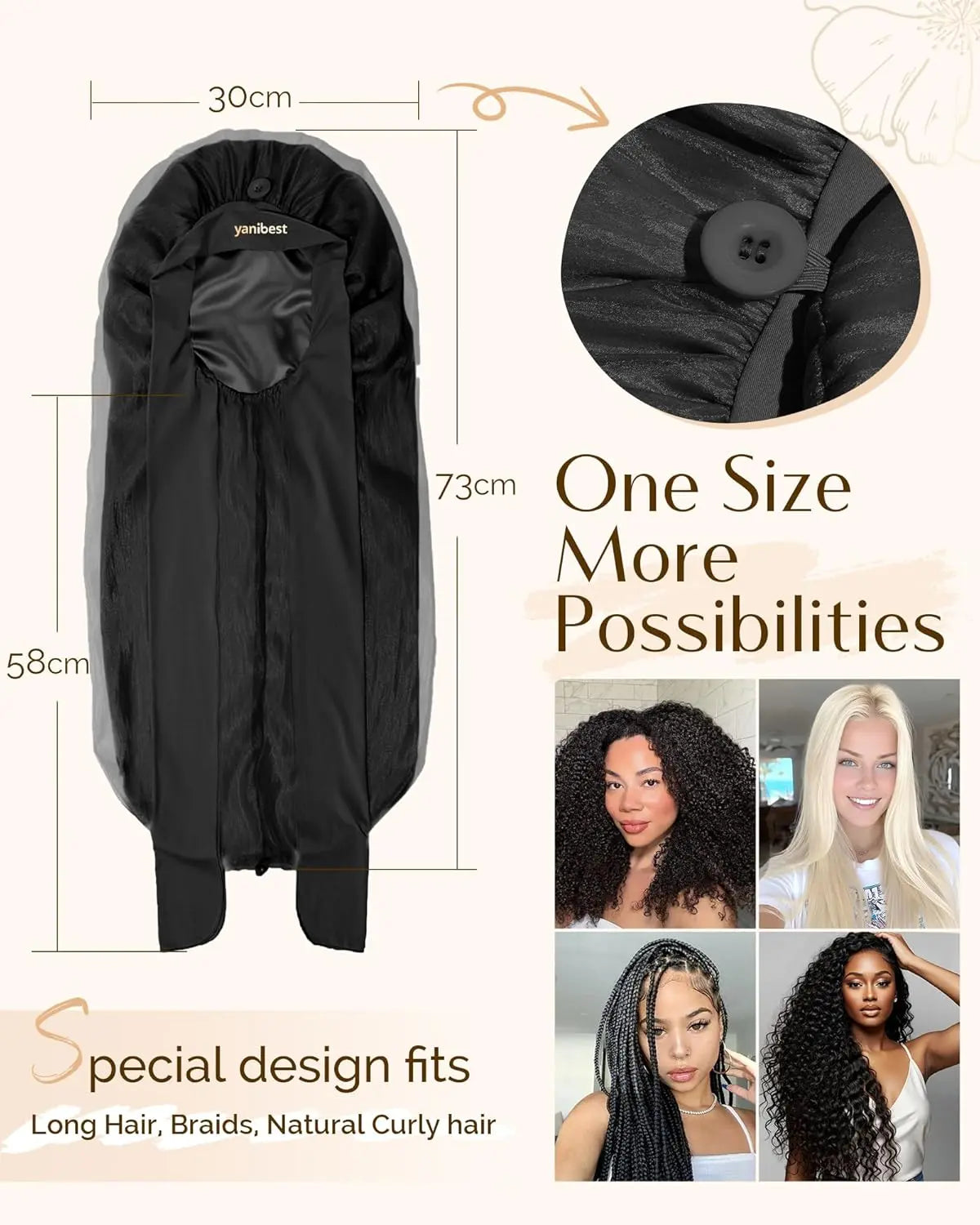 Silk Breeze Satin Bonnet For Braids with Tie Band - Black YANIBEST