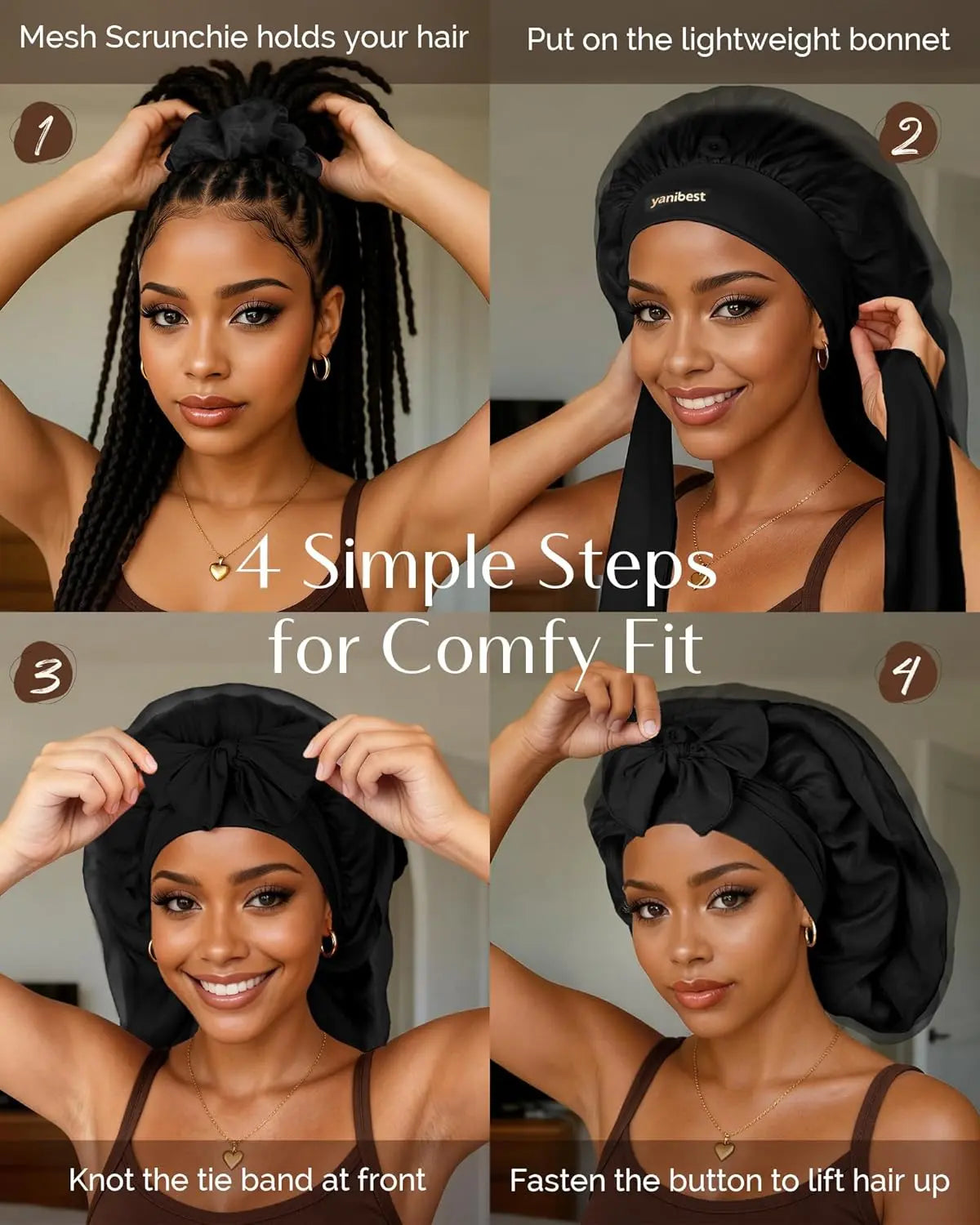 Silk Breeze Satin Bonnet For Braids with Tie Band - Black YANIBEST