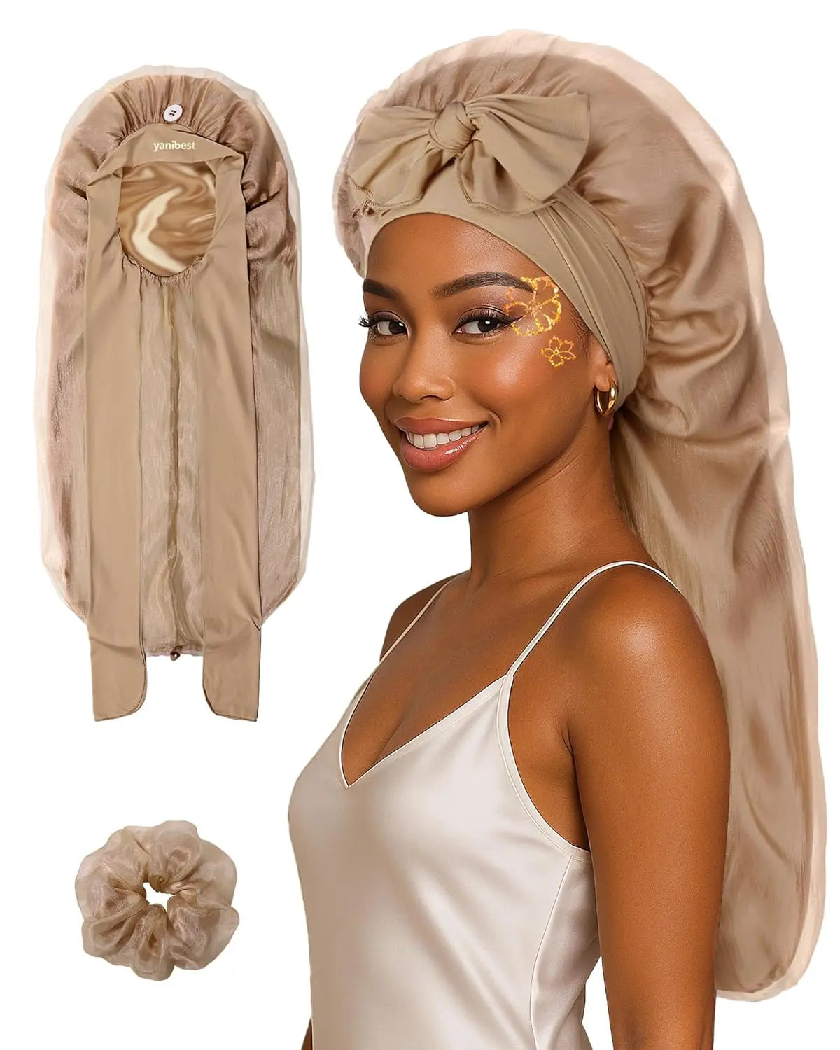 Silk Breeze Satin Bonnet For Braids with Tie Band - Brown YANIBEST