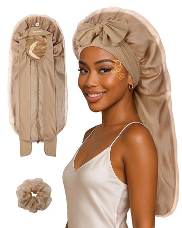 Silk Breeze Satin Bonnet For Braids with Tie Band - Brown YANIBEST