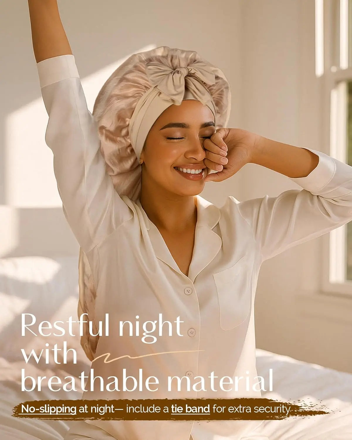 Silk Breeze Satin Bonnet For Braids with Tie Band - Brown YANIBEST