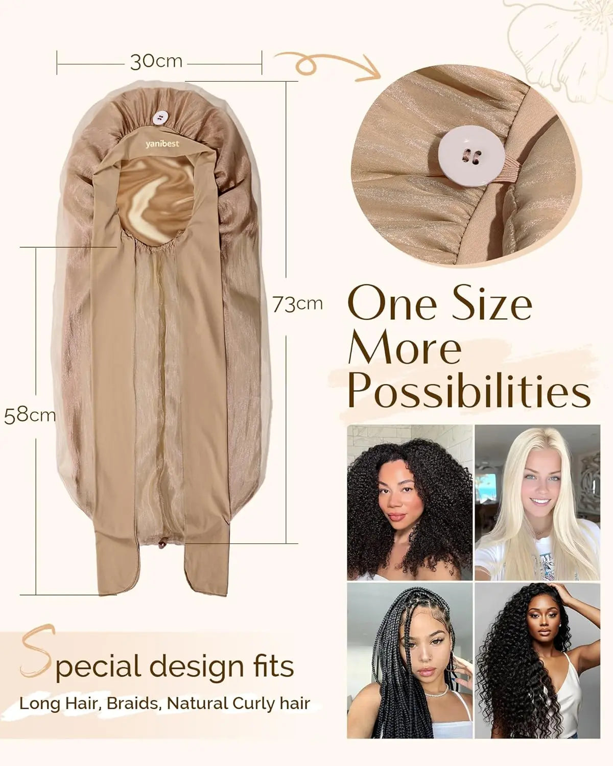 Silk Breeze Satin Bonnet For Braids with Tie Band - Brown YANIBEST