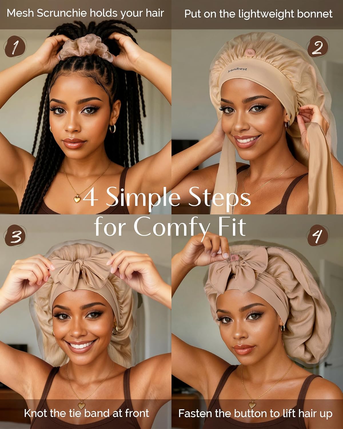 Silk Breeze Satin Bonnet For Braids with Tie Band - Brown YANIBEST