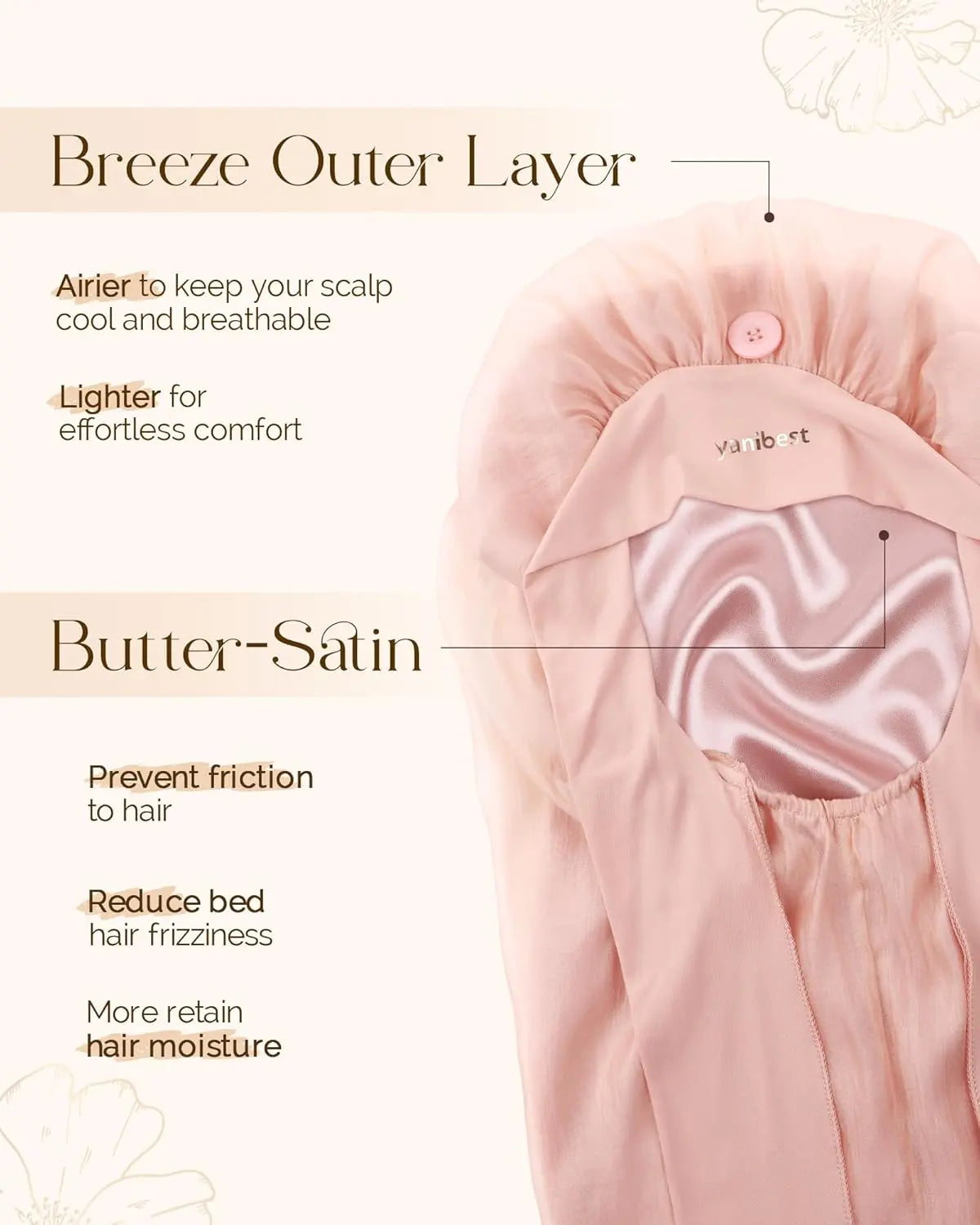 Silk Breeze Satin Bonnet For Braids with Tie Band - Pink YANIBEST