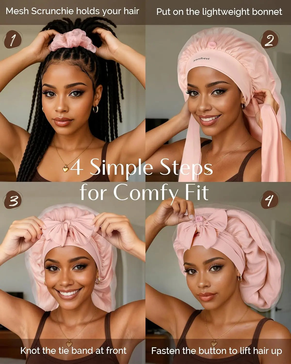 Silk Breeze Satin Bonnet For Braids with Tie Band - Pink YANIBEST