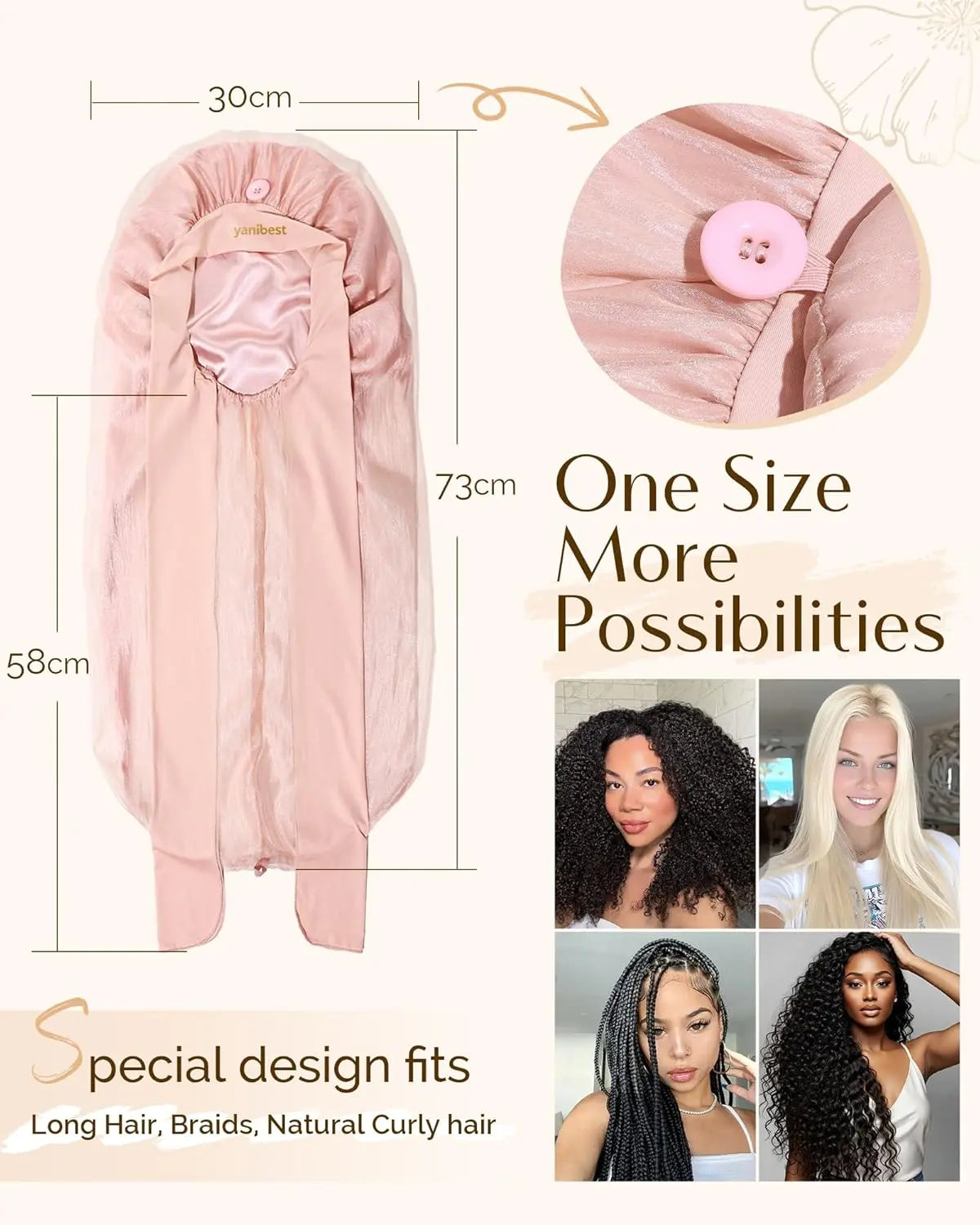 Silk Breeze Satin Bonnet For Braids with Tie Band - Pink YANIBEST