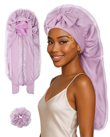 Silk Breeze Satin Bonnet For Braids with Tie Band - Purple YANIBEST