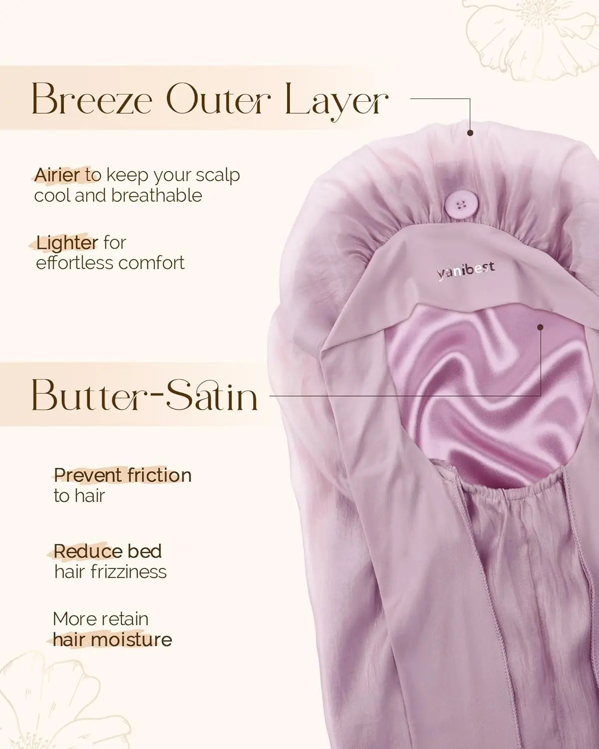 Silk Breeze Satin Bonnet For Braids with Tie Band - Purple YANIBEST