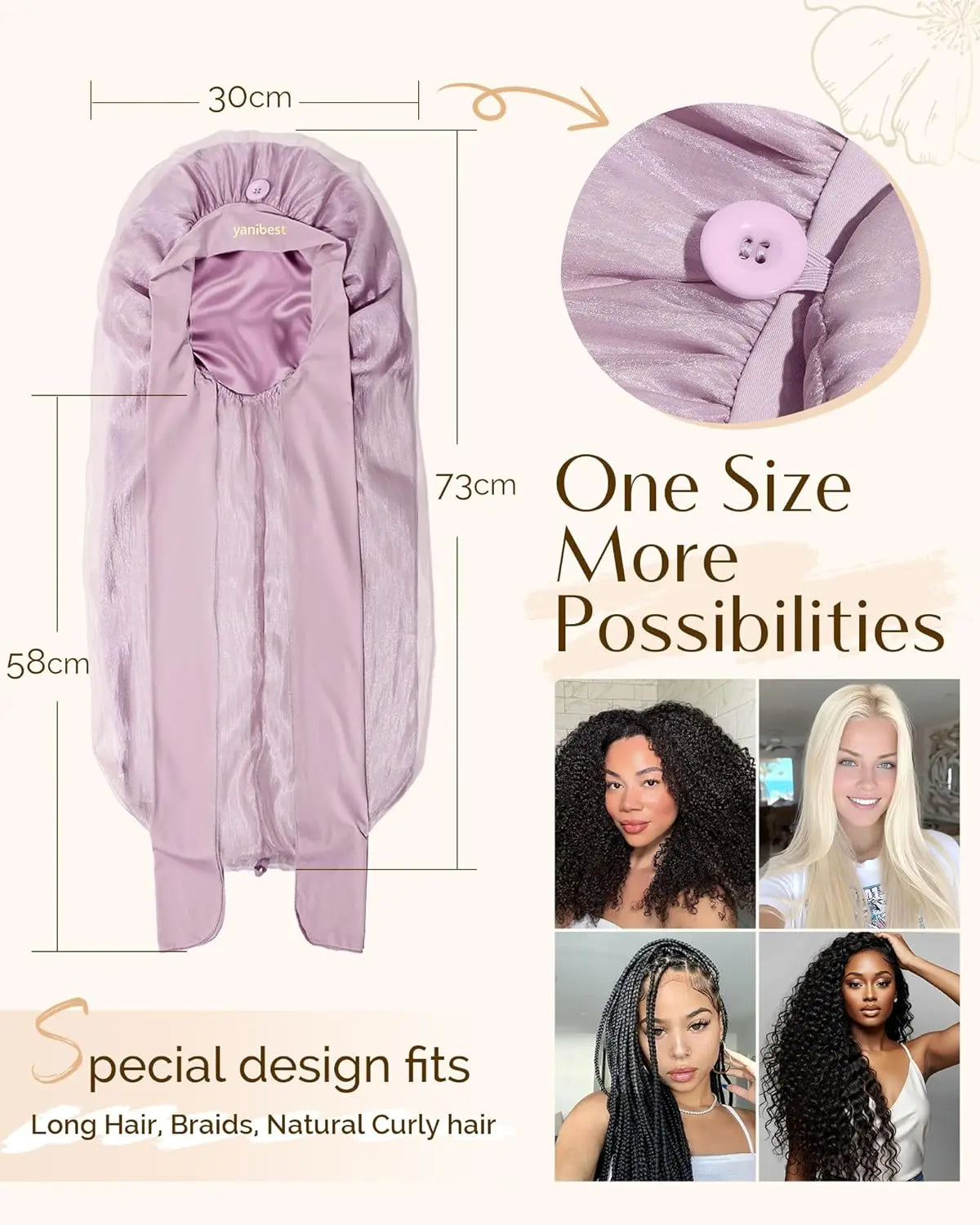 Silk Breeze Satin Bonnet For Braids with Tie Band - Purple YANIBEST