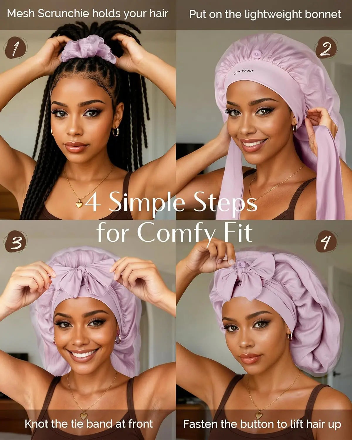 Silk Breeze Satin Bonnet For Braids with Tie Band - Purple YANIBEST