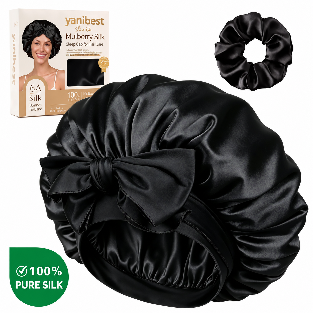 22 MOMME 6A Mulberry Silk Bonnet with Tie Band - Black