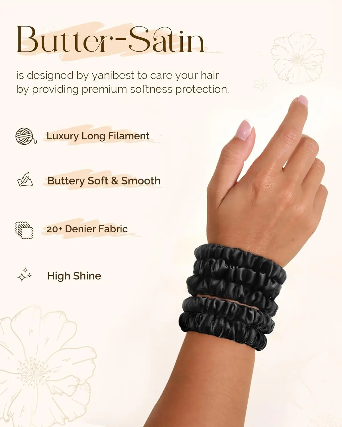 Skinny Butter Satin Hair Scrunchies 6 in 1 - Black Trio YANIBEST